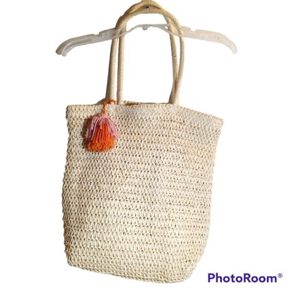 Large Knotted 90's Natural Straw Tote - Picture 1 of 4